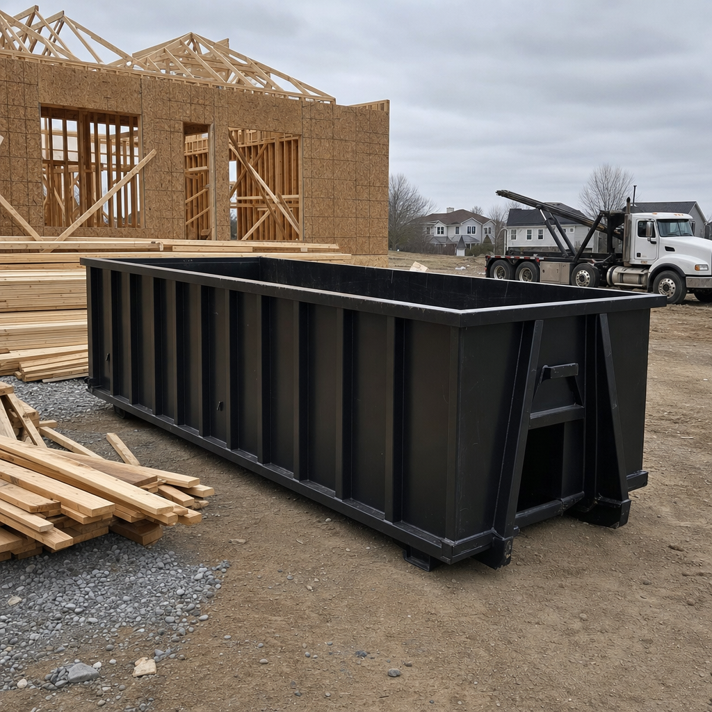Matte-black 40-yard roll-off dumpster staged on a framed-out residential construction site in Mc Allen, framing lumber stacked nearby, hooklift delivery truck visible in the background under bright Colorado daylight