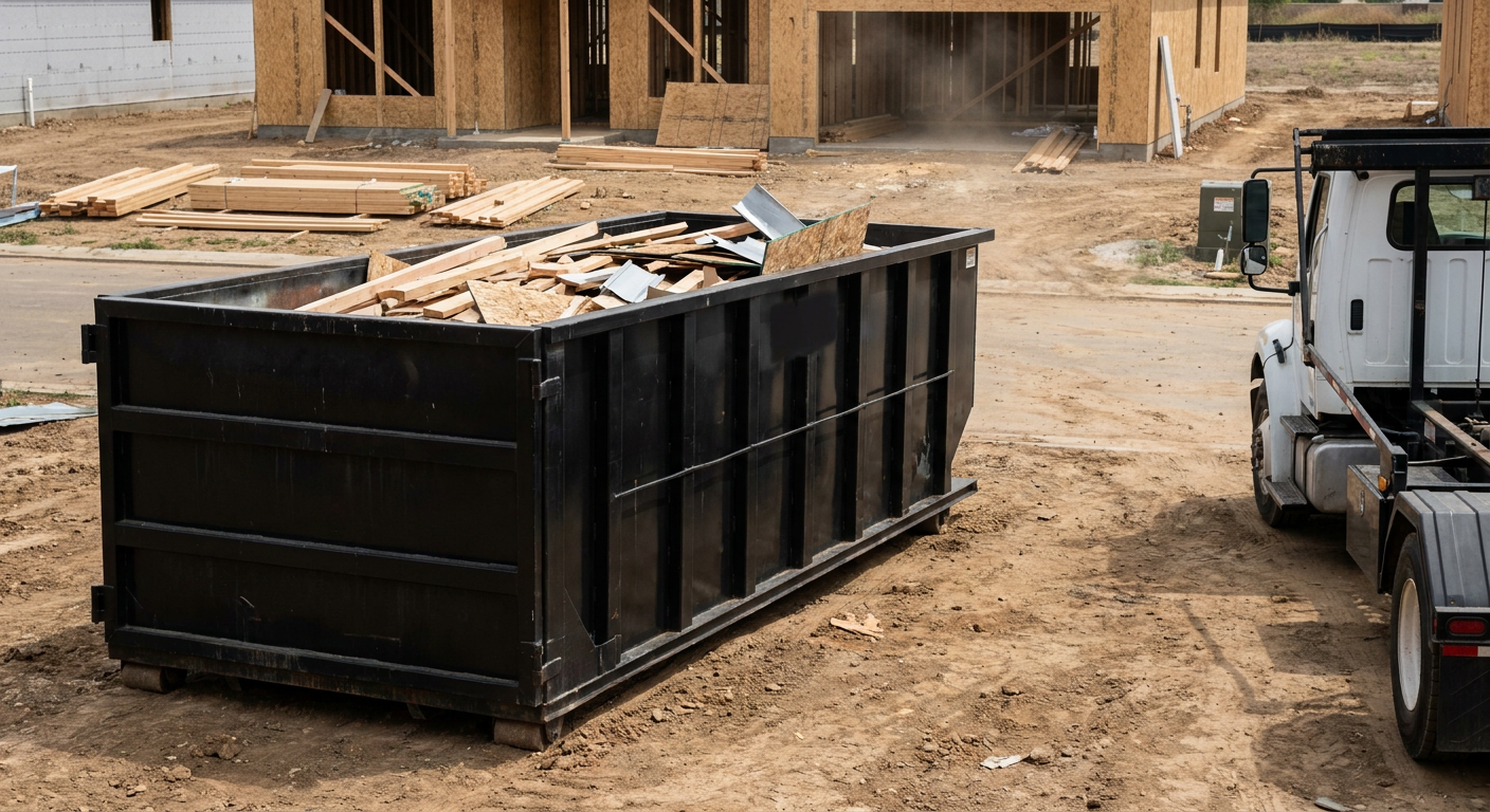 Matte-black 20-yard roll-off construction dumpster with heavy ribbed steel sidewalls and swing rear doors at a working jobsite in Mc Allen, sitting directly on compacted dirt with an unmarked white hauler partially visible at the far edge of the frame.