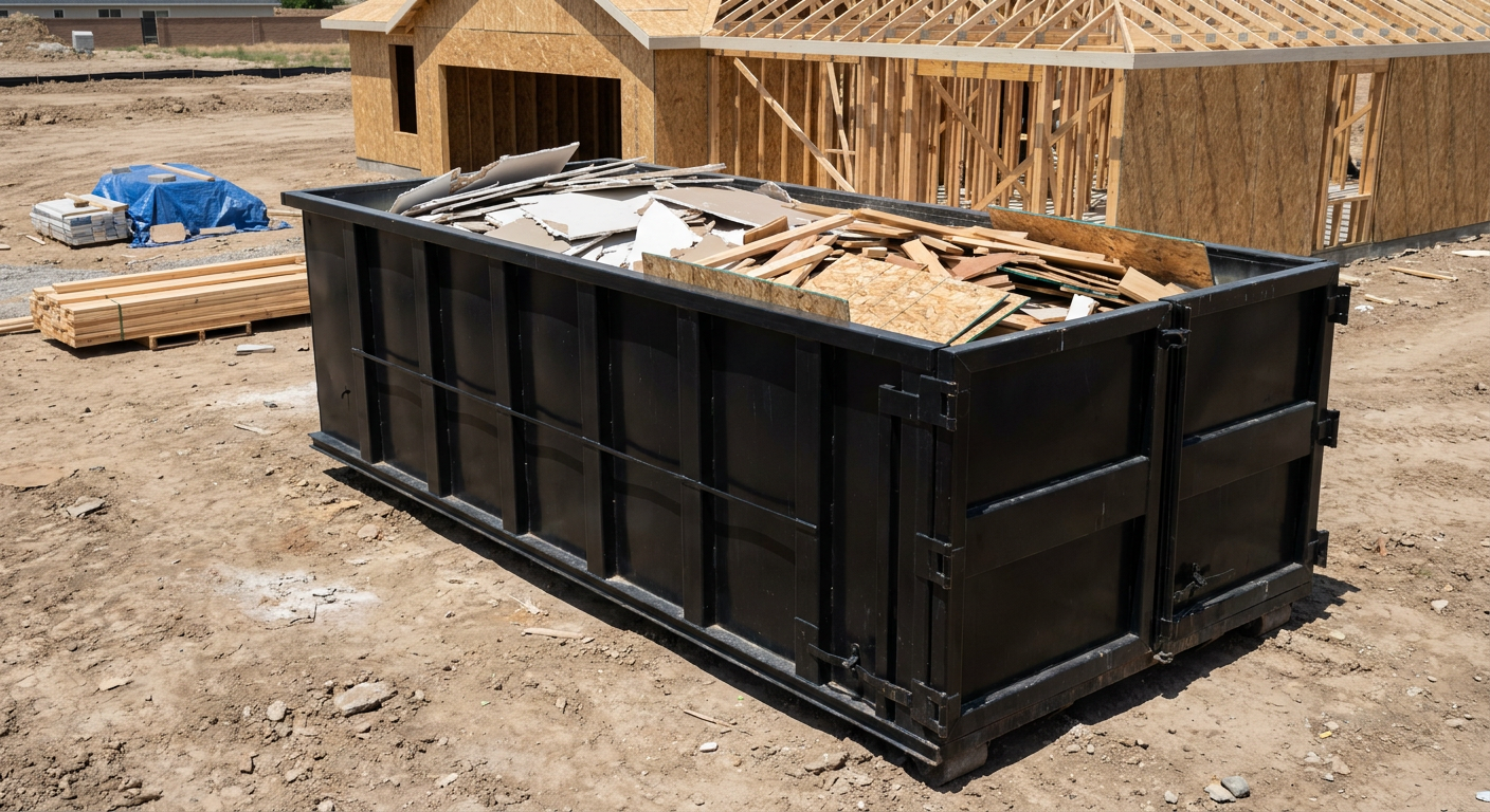 Matte-black 30-yard roll-off construction dumpster sitting directly on the compacted-dirt site of a framed single-family home build in Mc Allen, drywall and lumber scrap loaded inside.