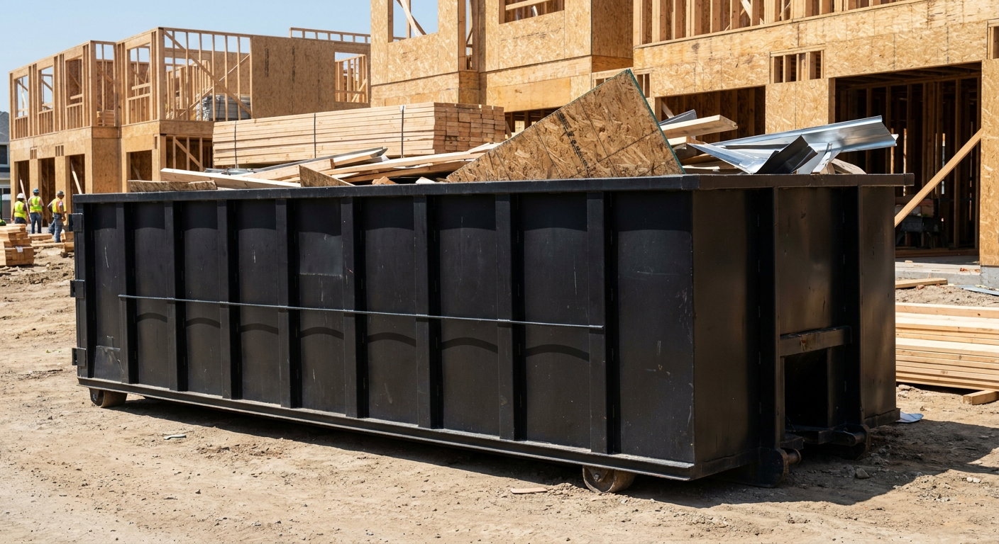 Matte-black 40-yard roll-off construction dumpster being lowered from a white-cab hooklift delivery truck onto the compacted-dirt jobsite at a commercial build site in Mc Allen