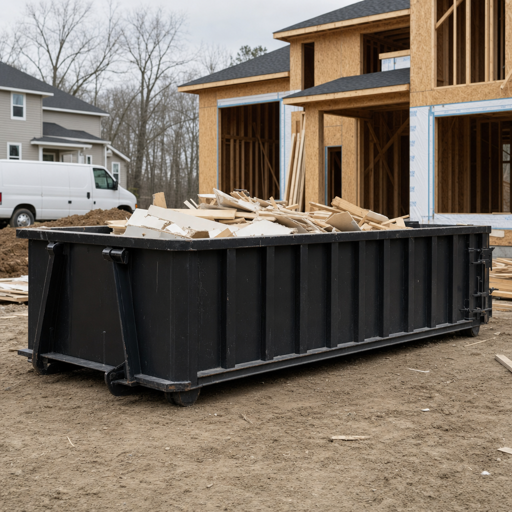 Worker in a yellow high-visibility vest tossing framing lumber and broken drywall into a matte-black 30-yard construction roll-off dumpster on an active build site in Mc Allen, bright daylight