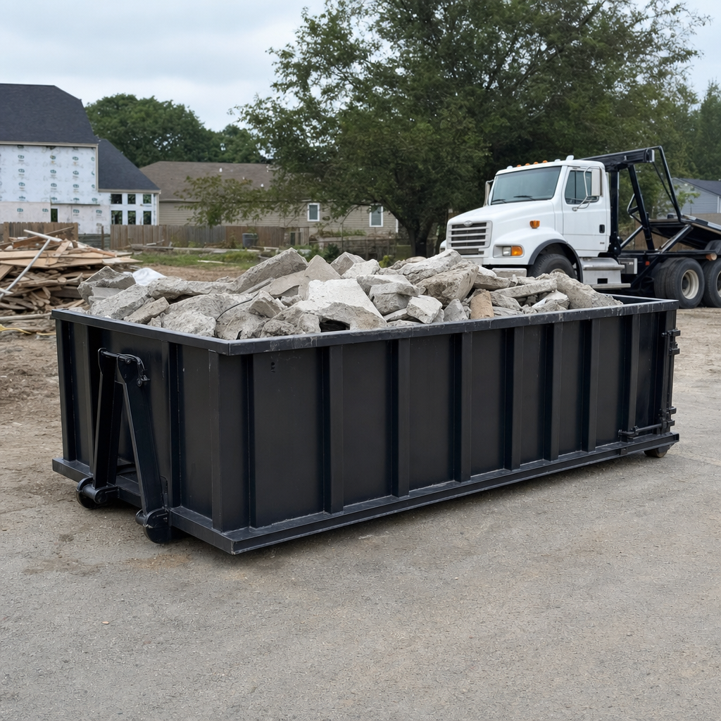 Low-profile matte-black lowboy roll-off dumpster loaded with broken concrete slab and rebar at a foundation tear-out in Mc Allen, skid steer parked beside it, sunny Colorado morning