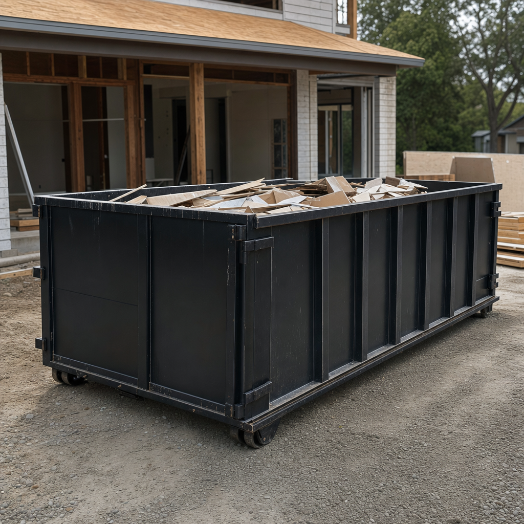 Large matte-black 30-yard construction roll-off dumpster at an active Mc Allen jobsite, steel-gray top rails and bottom rollers visible, loaded with construction debris.