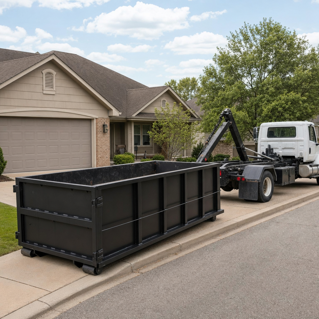Wide documentary shot of a matte-black roll-off dumpster on a Mc Allen residential driveway in the foreground and a contractor jobsite container in the soft-focus background, bright daylight, calm and orderly composition.