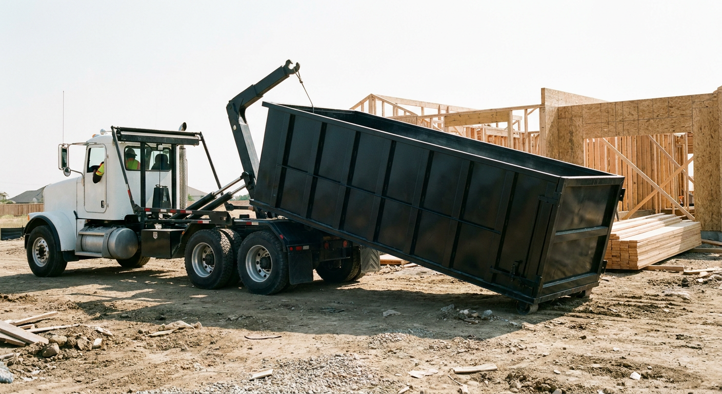 Matte-black roll-off dumpster being delivered onto a clean residential concrete driveway in Mc Allen by an unmarked white hooklift hauler truck, bright morning daylight, documentary 35mm perspective.