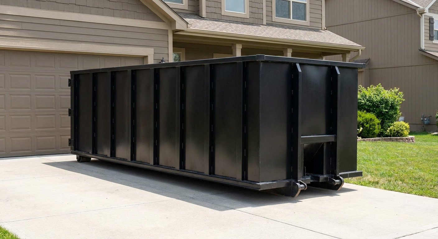 Matte-black residential roll-off dumpster sitting directly on a suburban Mc Allen concrete driveway, garage door closed, single-family home in background, bright morning daylight.