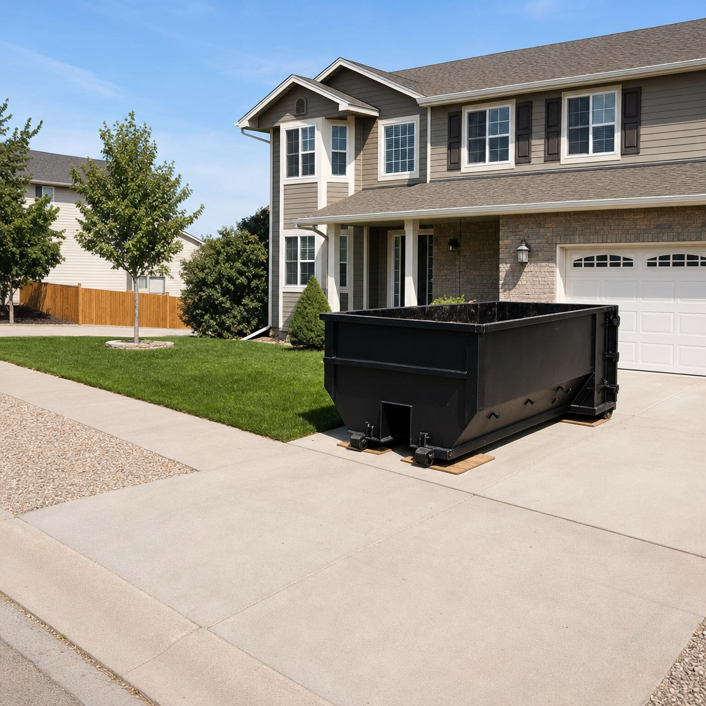 10-yard matte-black residential dumpster placed directly on a narrow Mc Allen concrete driveway, room remains for a parked sedan beside it, mid-morning natural light