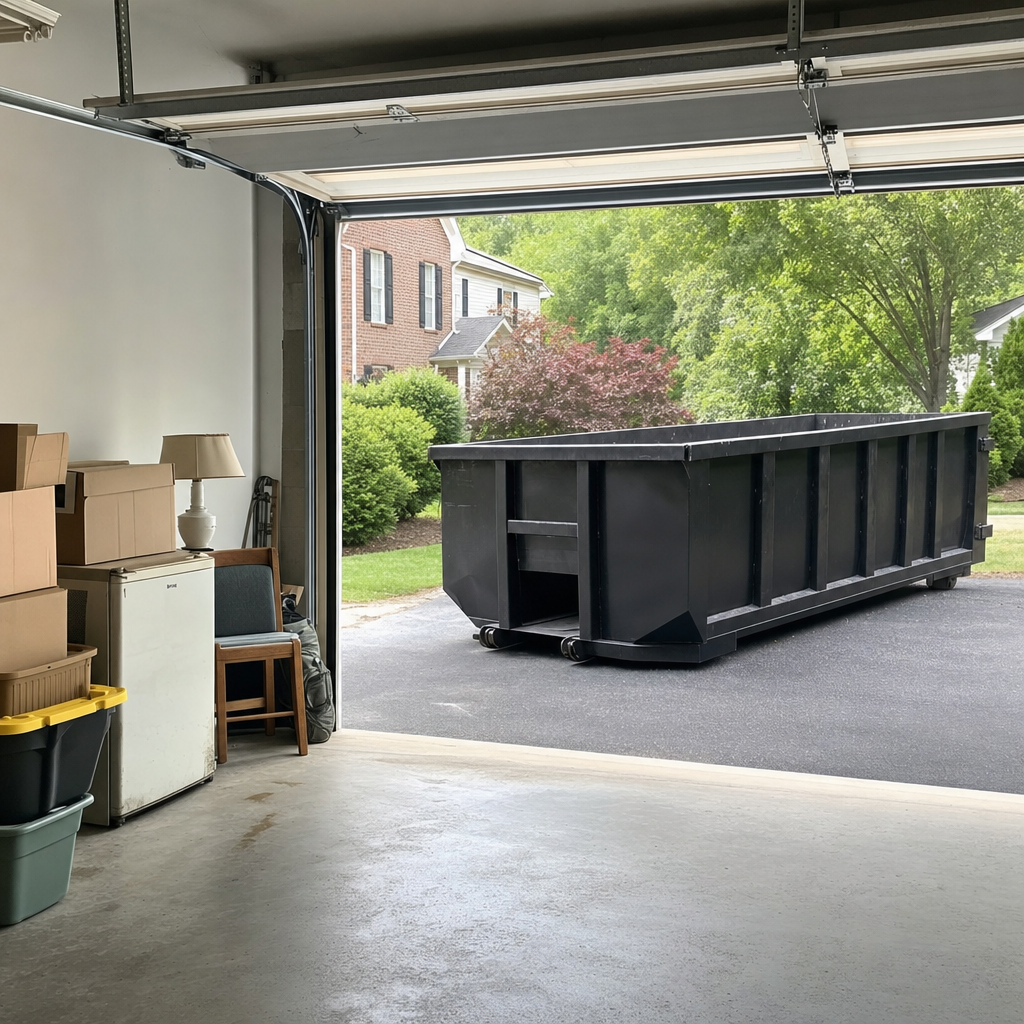 Open garage interior in a Mc Allen home mid-cleanout — boxed items, an old appliance, and stacked yard tools queued near the driveway for a matte-black roll-off dumpster, organized and calm