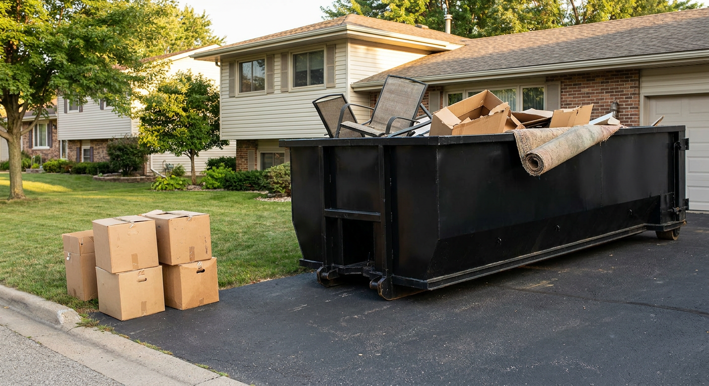 Front-yard view of a Mc Allen split-level home with a 20-yard matte-black roll-off dumpster sitting directly on the asphalt driveway, a few clearly labeled donation boxes staged at the curb, calm sunny afternoon.