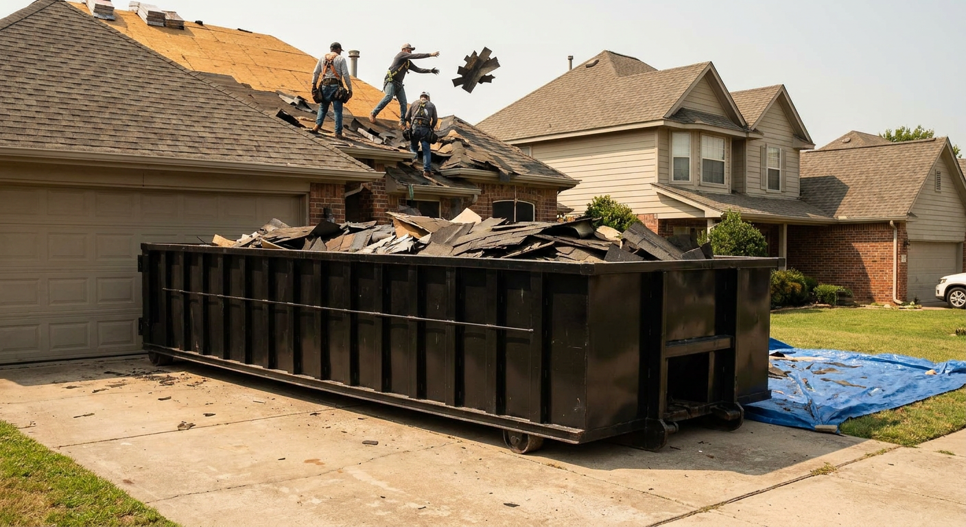 Matte-black roofing roll-off dumpster placed directly on a Mc Allen residential concrete driveway, a tear-off crew on a two-story asphalt-shingle roof tossing shingle bundles into the low-walled container, bright daylight, documentary 35mm perspective.