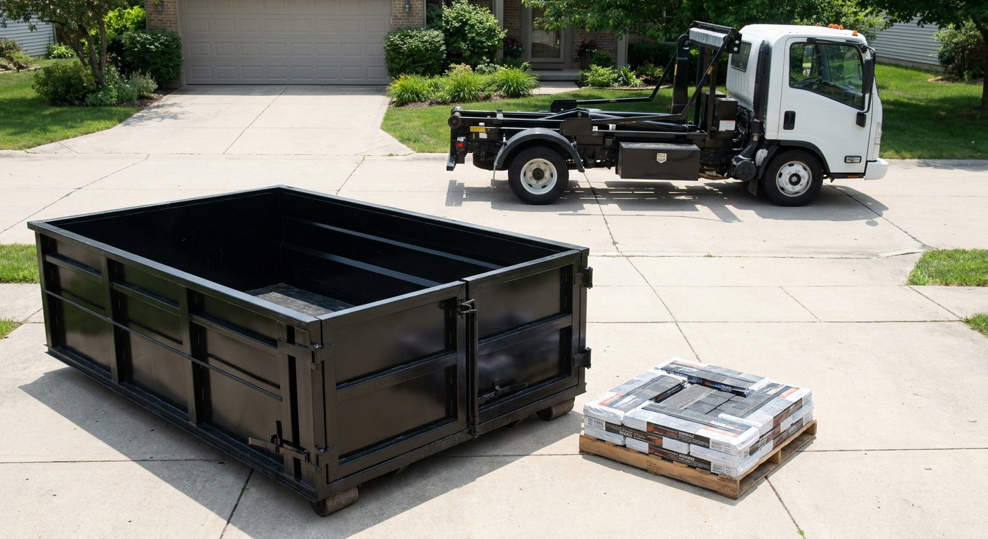 Matte-black 15-yard roofing roll-off dumpster with reinforced low side walls sitting directly on a Mc Allen residential concrete driveway, three-tab asphalt shingle bundles stacked nearby, an unmarked white hauler truck partially visible at the edge of the frame.