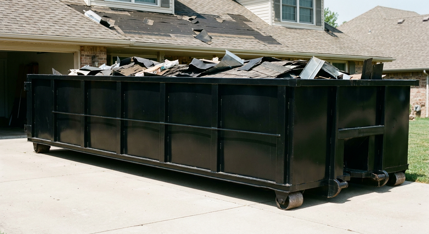 Matte-black 20-yard roofing roll-off dumpster with steel ribbed sides and swinging rear door, sitting directly on the concrete driveway of a two-story Mc Allen home, asphalt shingle debris being loaded over the low wall, clean documentary lighting.
