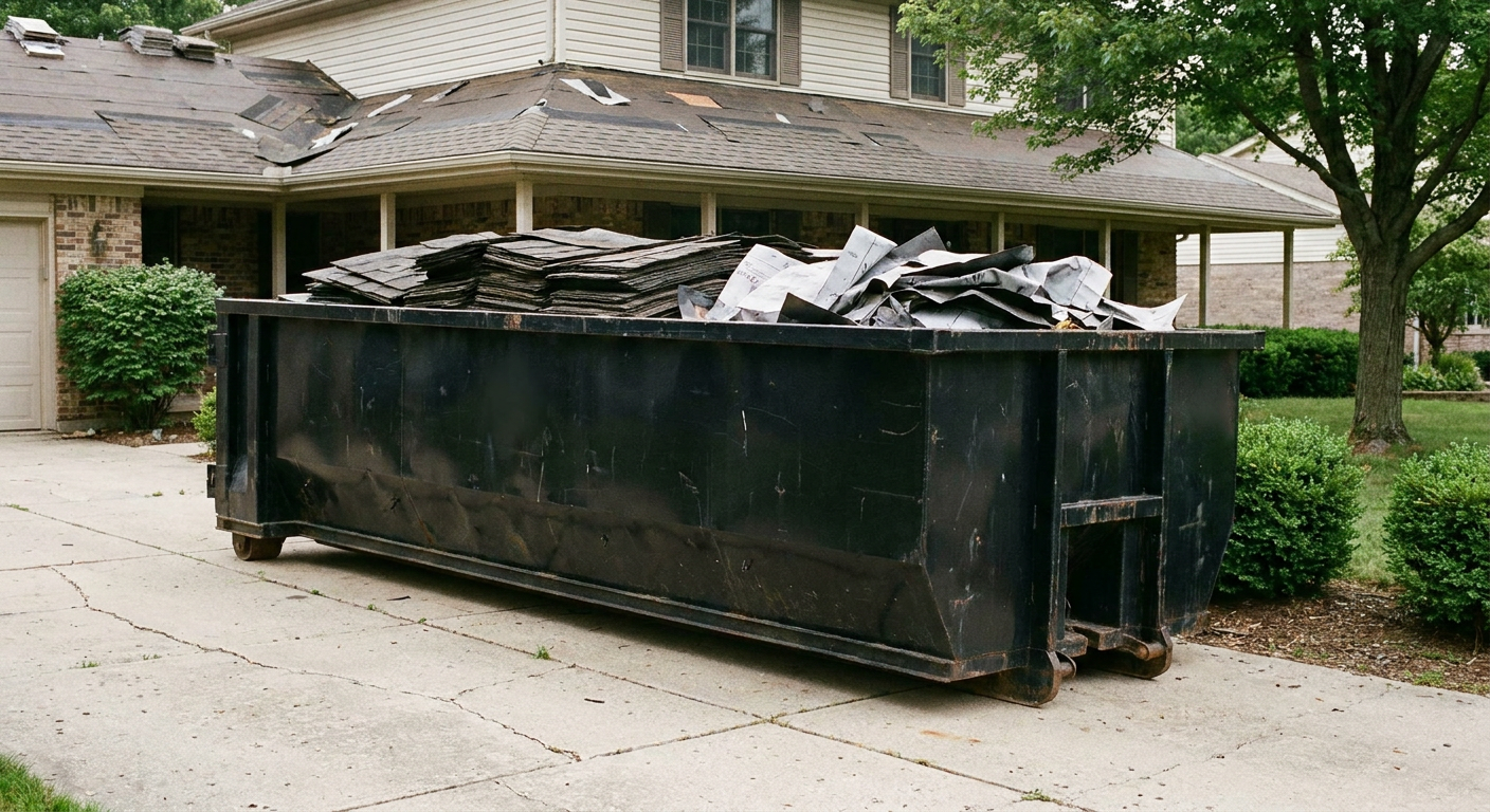 Matte-black 30-yard roofing roll-off dumpster sitting directly on a Mc Allen concrete driveway, taller ribbed steel side panels, mixed tear-off debris of asphalt shingles and underlayment inside, professional documentary daylight.
