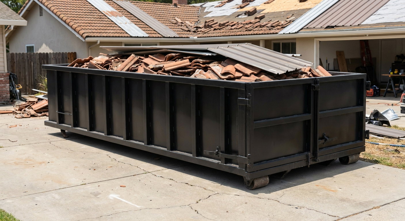 Matte-black low-wall heavy-debris roofing roll-off dumpster sitting directly on a Mc Allen concrete driveway, broken concrete clay roof tiles and metal panel sections loaded inside, reinforced ribbed steel side walls visible, bright outdoor daylight.