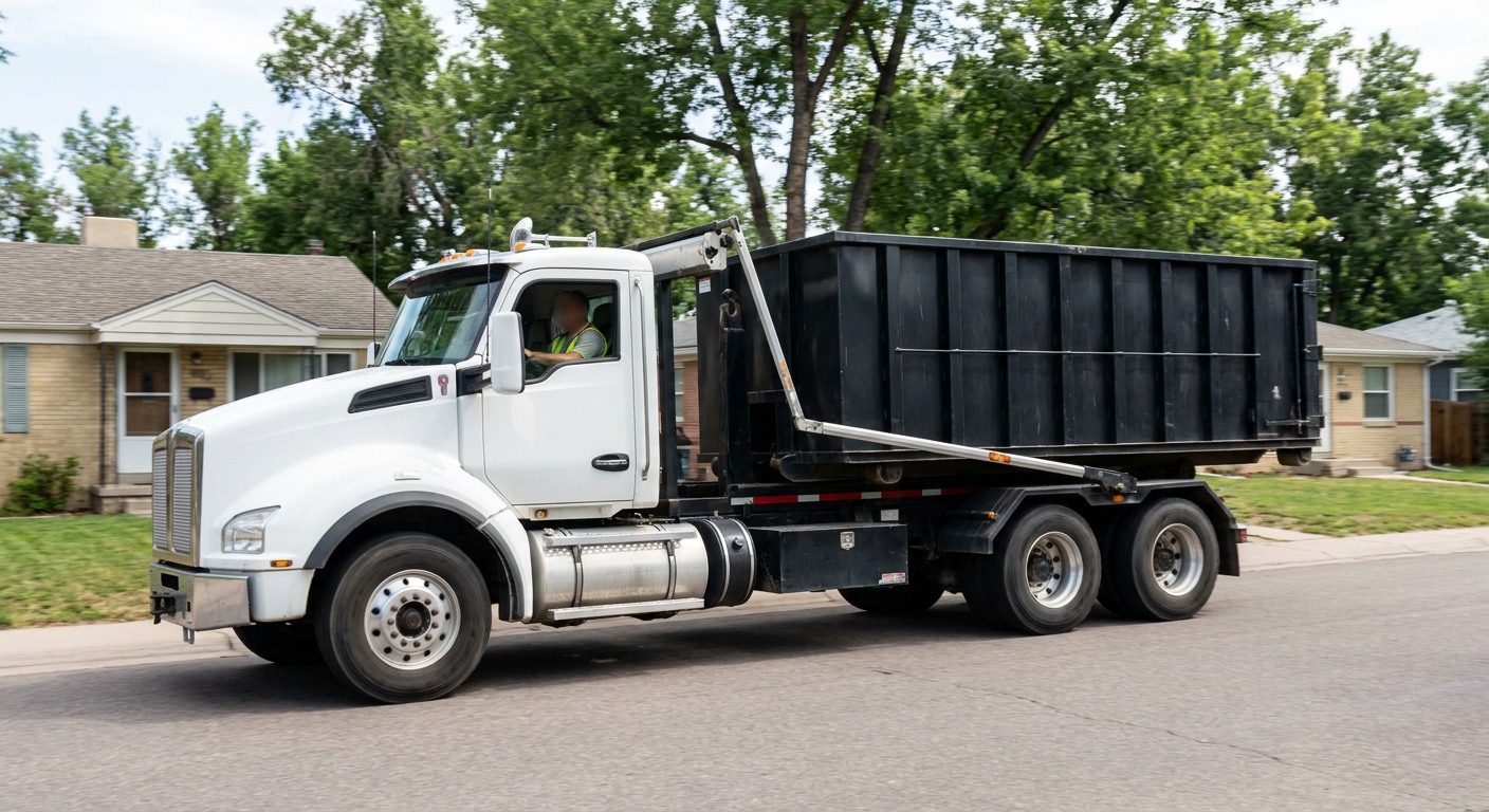 A wide documentary shot of a matte-black roll-off delivery truck pulling onto a quiet Mc Allen residential street at mid-morning, with neighborhood rooftops and tree-lined blocks visible behind, showing the metro coverage footprint.