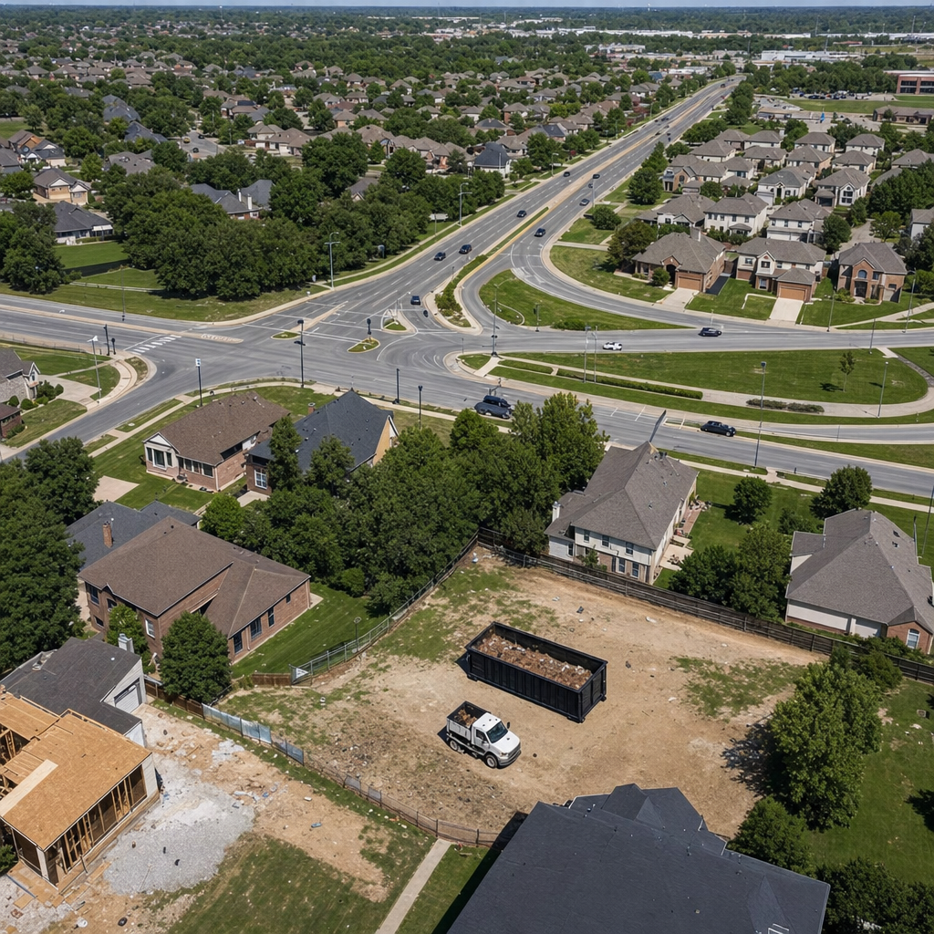 An overhead documentary view of the Mc Allen metro area at midday, showing the spread of neighborhoods, arterial roads, and the dispatch radius from a central yard — clean daylight, organized geographic layout.