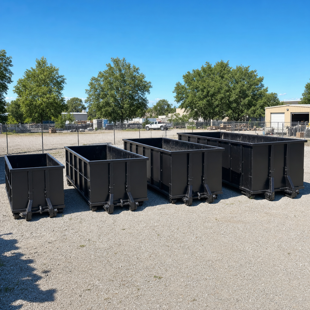 A clean lineup of matte-black roll-off dumpsters in 10, 20, 30, and 40-yard sizes staged on a sunlit gravel yard in Mc Allen, showing the size progression from compact to commercial-scale containers.