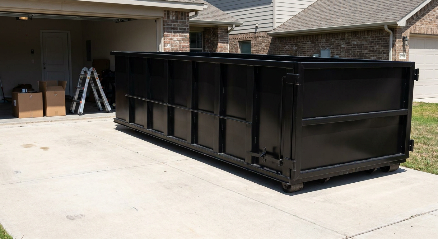 A matte-black 10-yard roll-off dumpster sitting directly on a residential Mc Allen concrete driveway, mid-day sunlight, clean and ready for a garage cleanout.
