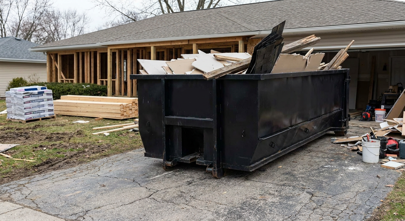 A matte-black 20-yard roll-off dumpster placed alongside a mid-renovation Mc Allen home directly on the asphalt driveway, with framing materials and torn-off shingles staged neatly nearby.