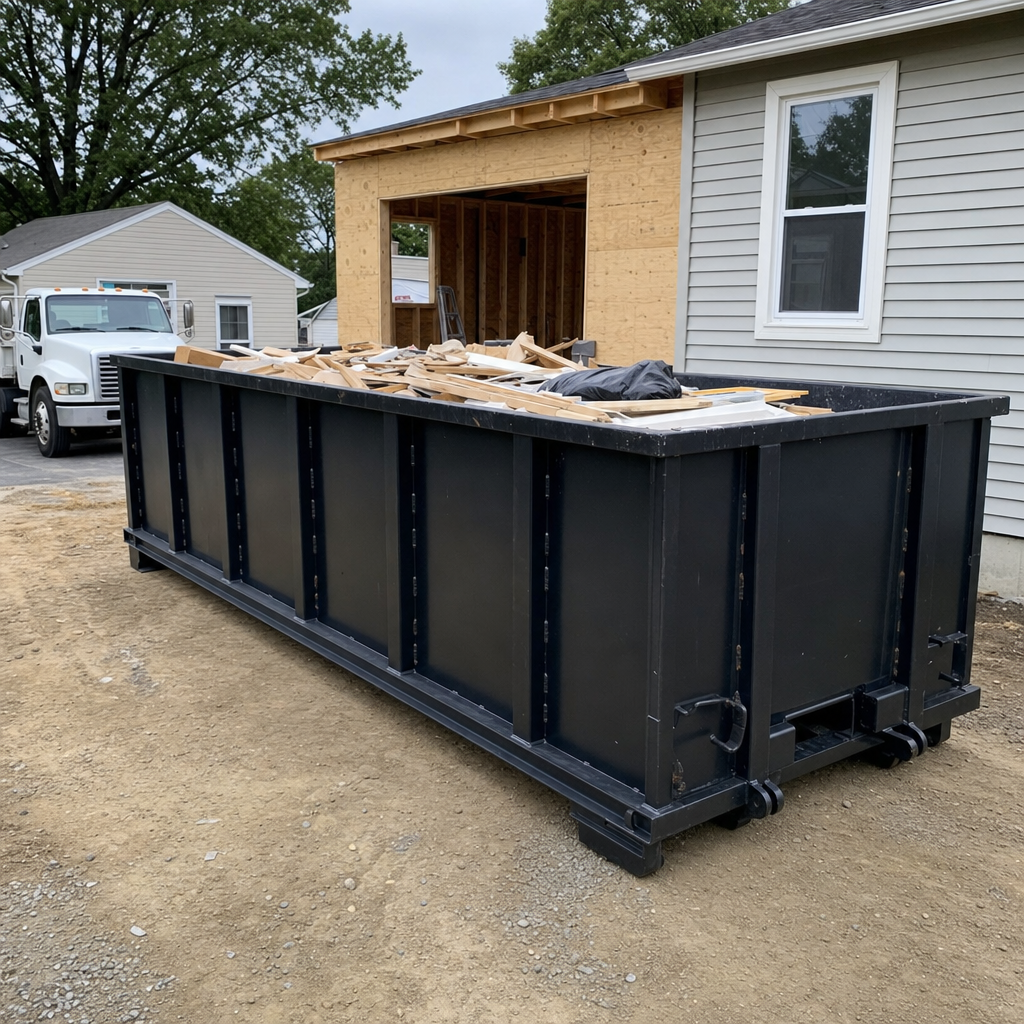 A matte-black 30-yard roll-off dumpster positioned at a Mc Allen residential addition jobsite, with framing lumber and drywall scraps loaded through the open swinging rear doors.