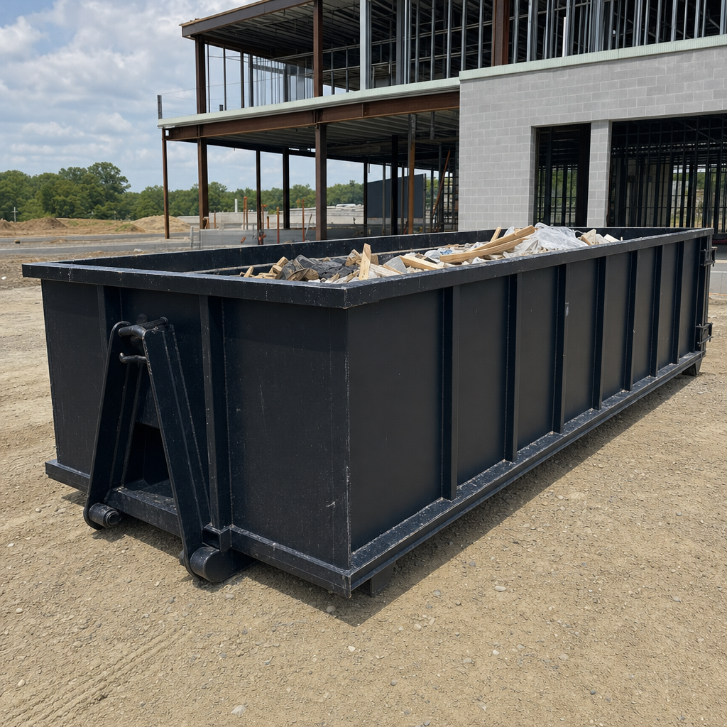 A matte-black 40-yard roll-off dumpster staged on a large Mc Allen commercial construction lot, with a hooklift delivery truck parked alongside under bright midday sky.