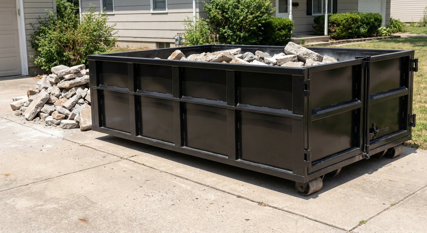 A matte-black low-side heavy-debris roll-off dumpster placed directly on a Mc Allen concrete driveway, with broken concrete chunks neatly stacked beside it under clean daylight.